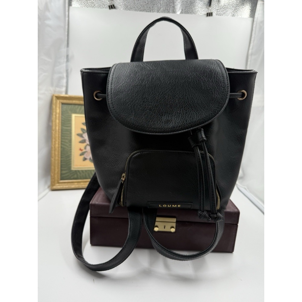 LOUME Bucket Drawstring Backpack Black Faux Leather Gold Hardware